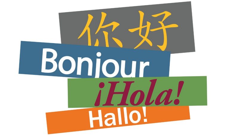 Foreign Language Classes text saying "Hello" in four different languages